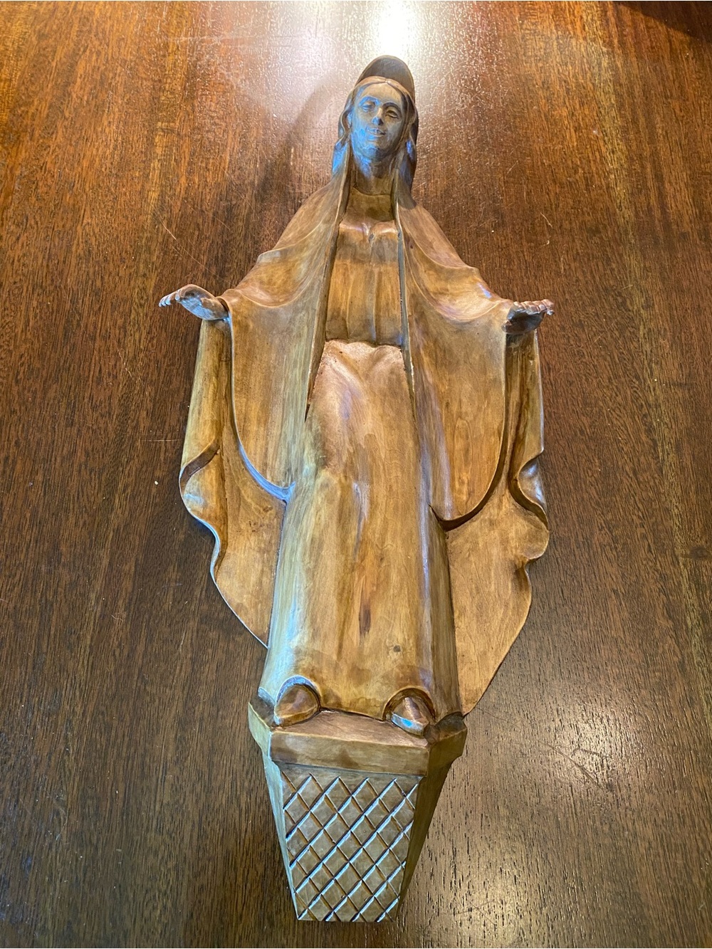 Vintage Hand Carved Wood Virgin Mary Wall Hanging Plaque Our Lady of Grace 18"